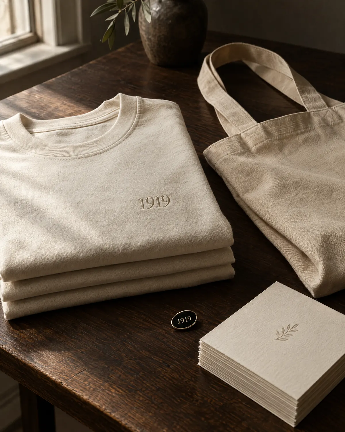 Brettede t-skjorter med brodert 1919, tøynett og invitasjonskort